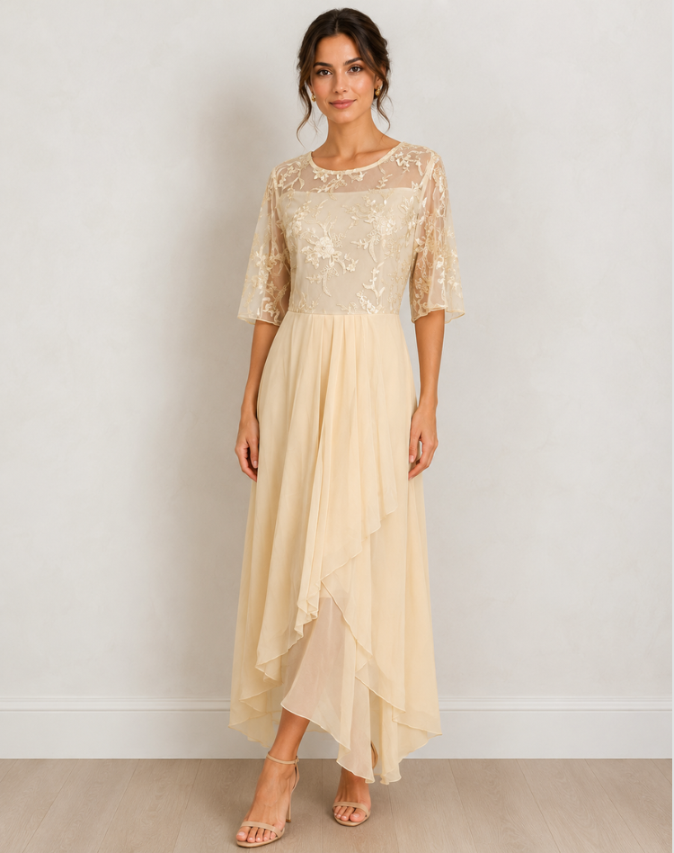 Flowy Lace Sleeve Midi Dress Bodice Wedding Guest