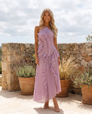 Pleated Maxi Dress with Cascading Ruffles