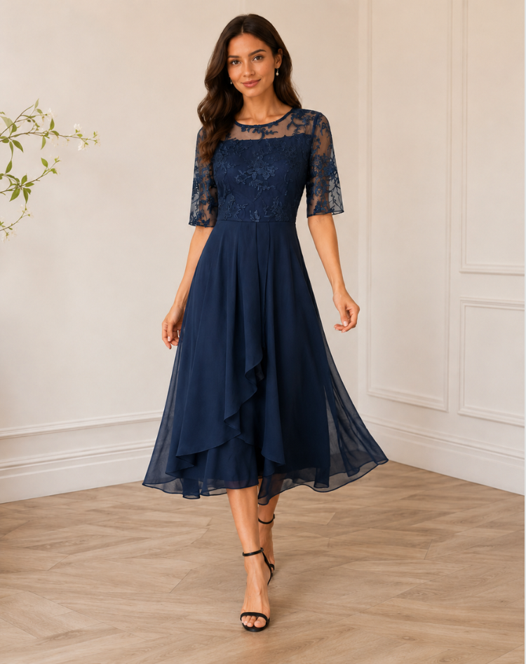 Flowy Lace Sleeve Midi Dress Bodice Wedding Guest
