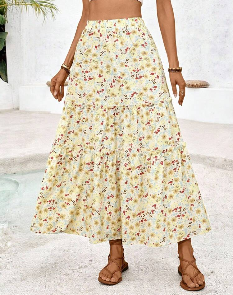 Airy High Waist Maxi Skirt Rayon Bohemian Casual Wear Tiered Ruffle Breathable Lightweight Summer