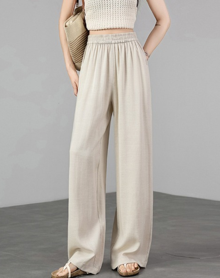 High Waist Linen Wide-Leg Trousers Casual Lightweight