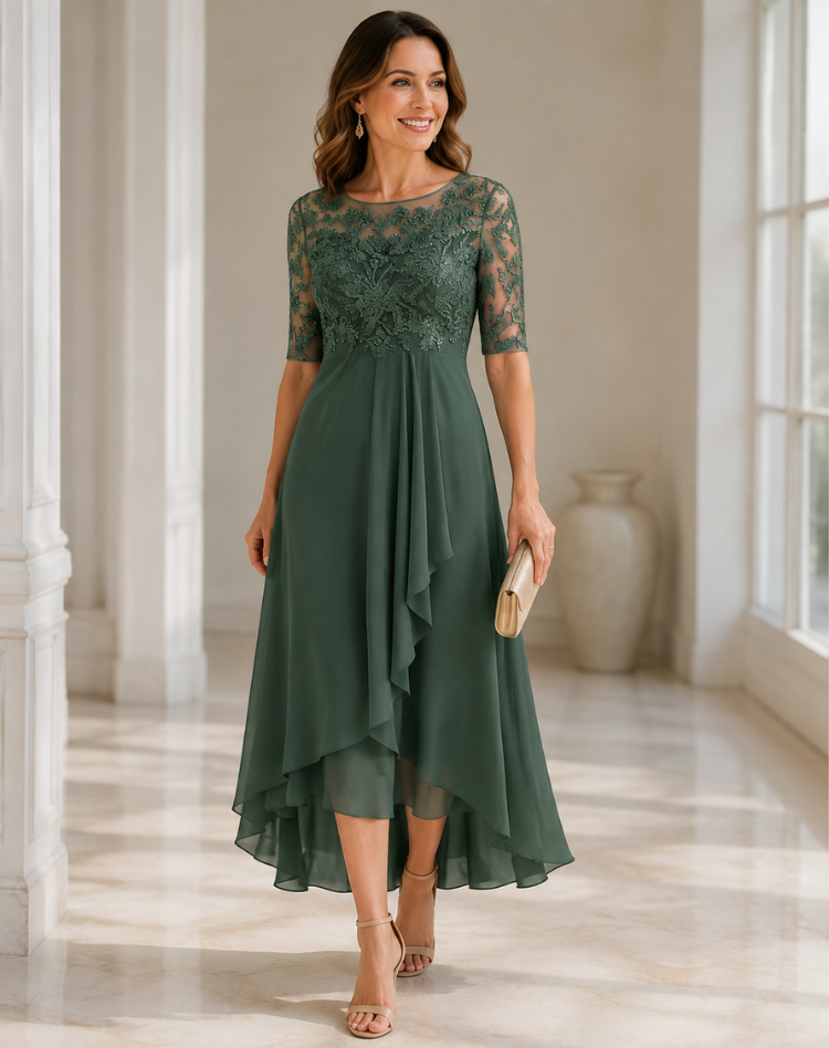 Flowy Lace Sleeve Midi Dress Bodice Wedding Guest