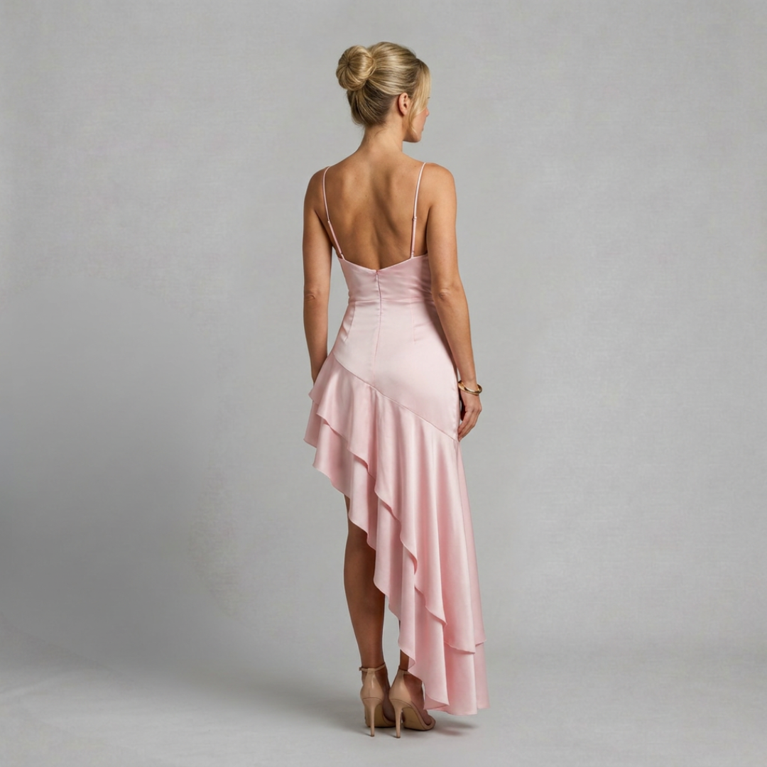 Satin Maxi Dress with Asymmetric Ruffle Hem