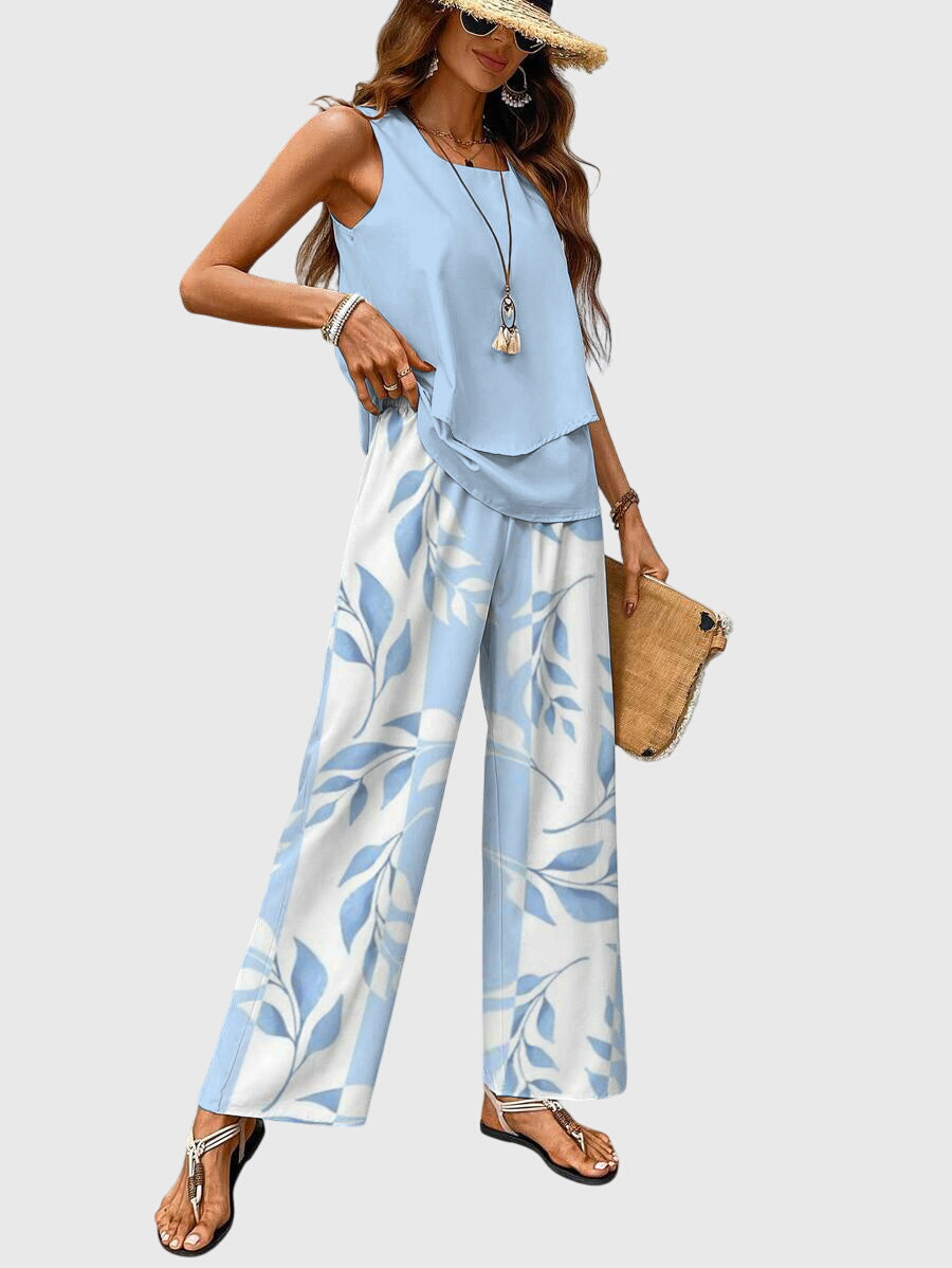 Sleeveless Blue Print Two-Piece Set Casual Wear Summer