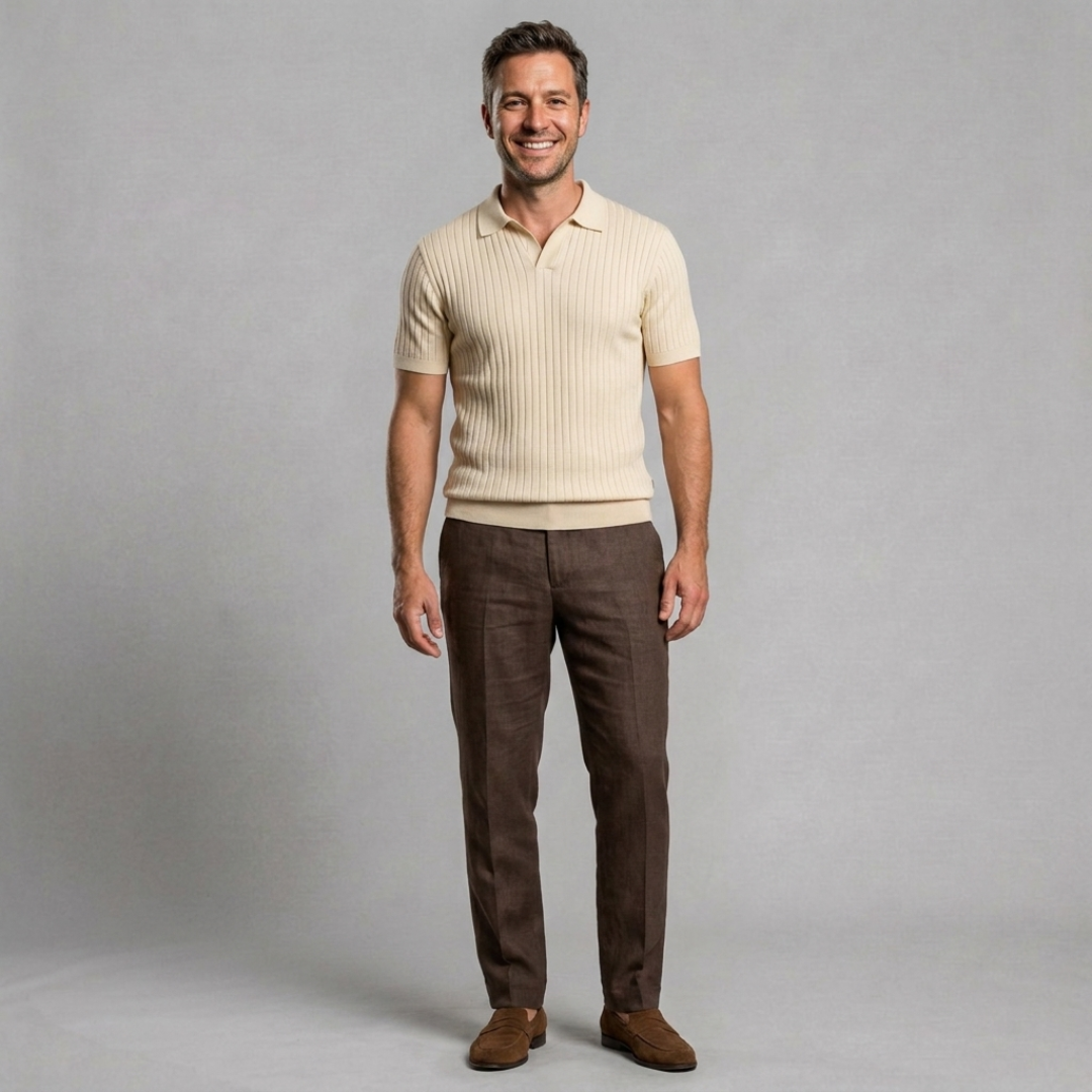 Ribbed Knit Polo with Open Collar