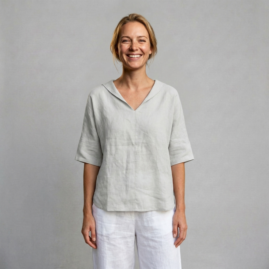 Linen Blouse with Soft V-Neck Collar