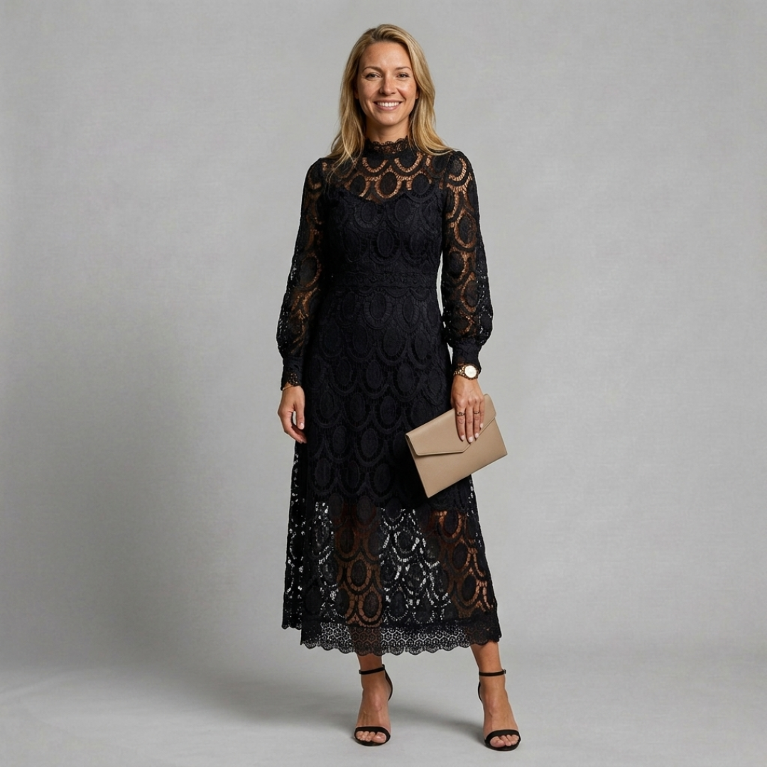 Midi Lace Dress with High Neckline