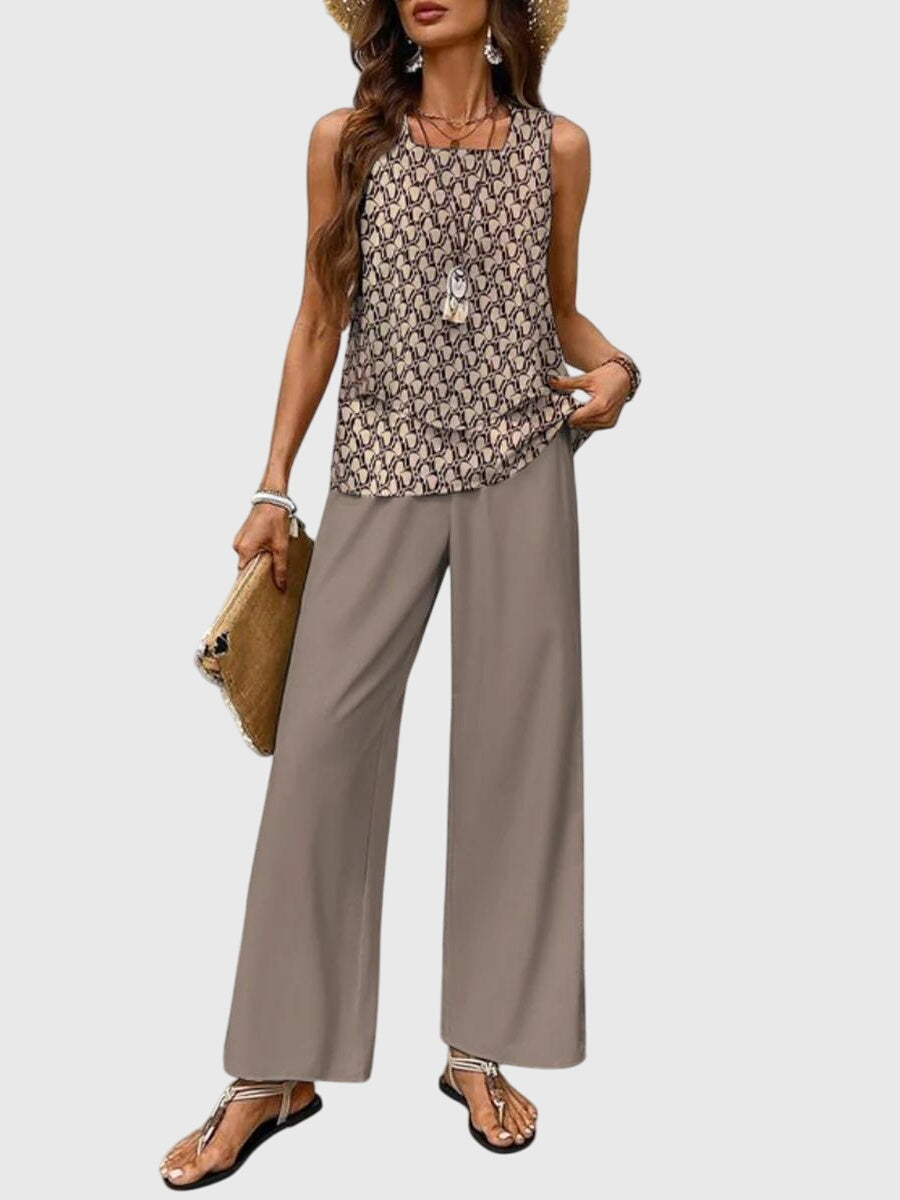 Sleeveless Blue Print Two-Piece Set Casual Wear Summer