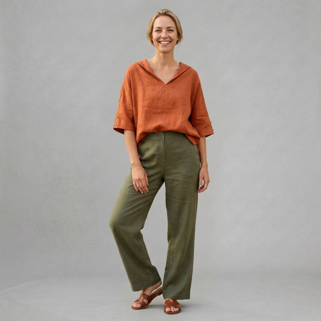 Linen Blouse with Soft V-Neck Collar