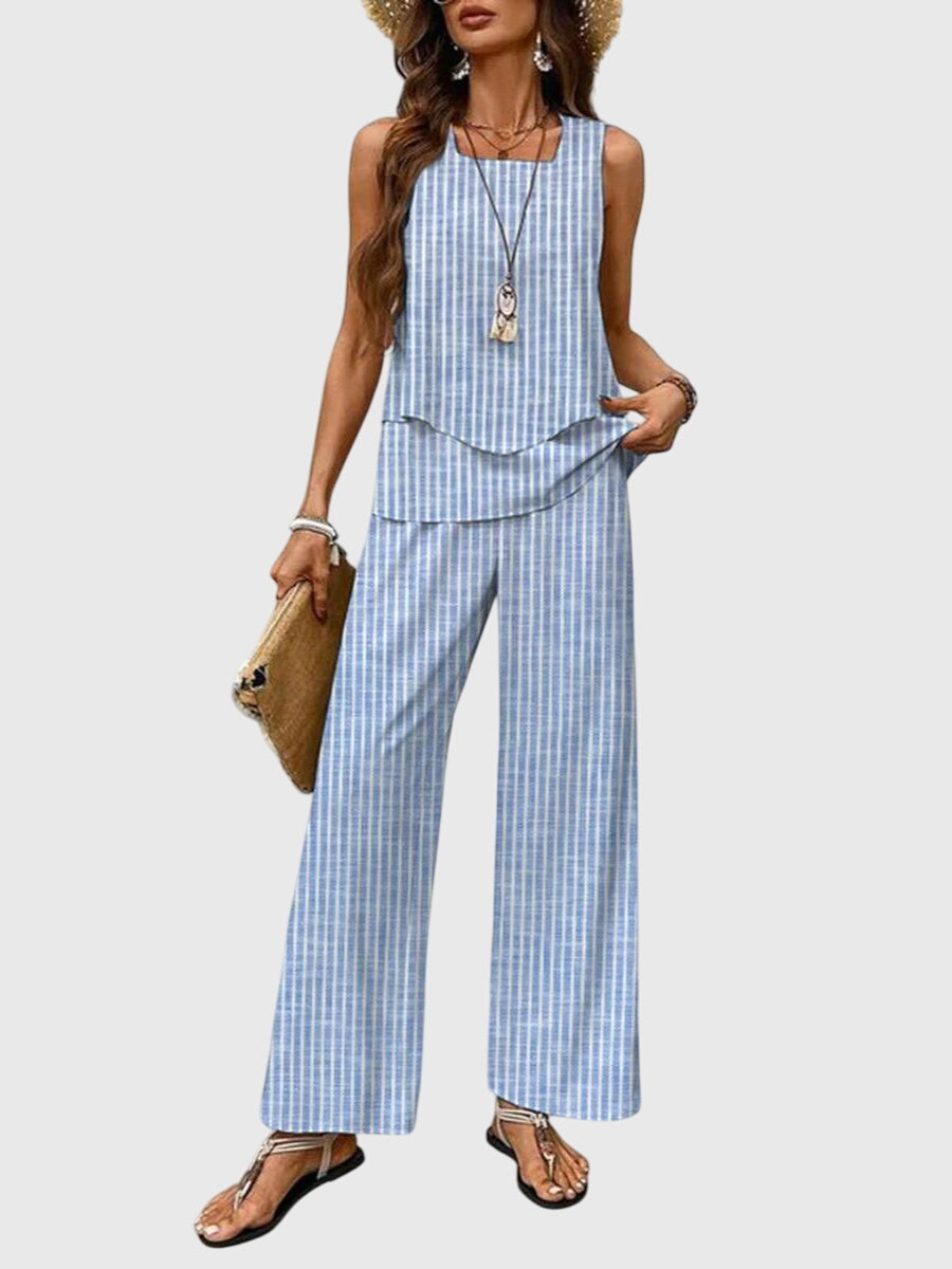Sleeveless Blue Print Two-Piece Set Casual Wear Summer