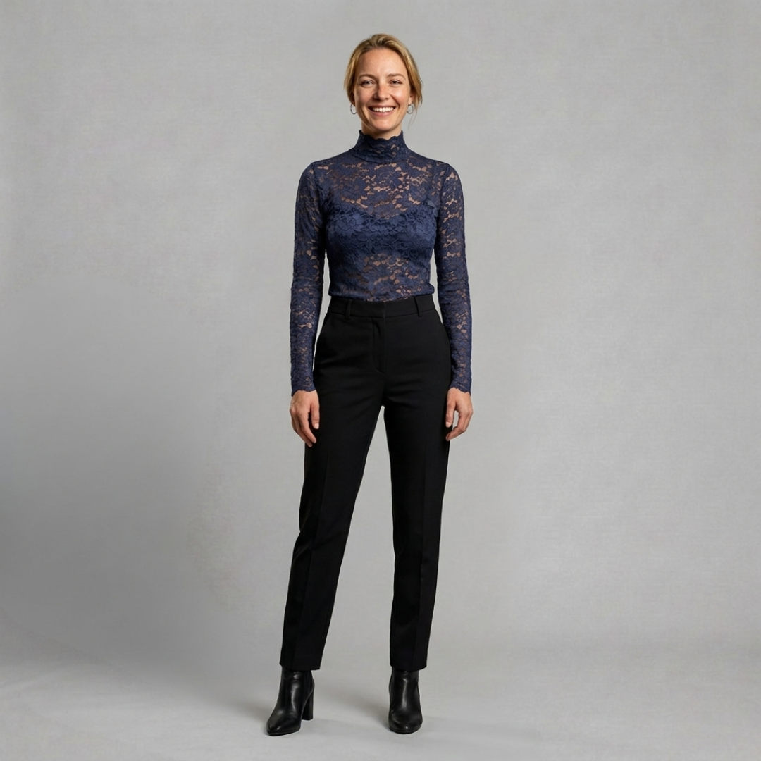 Fitted Lace Top with High Neckline