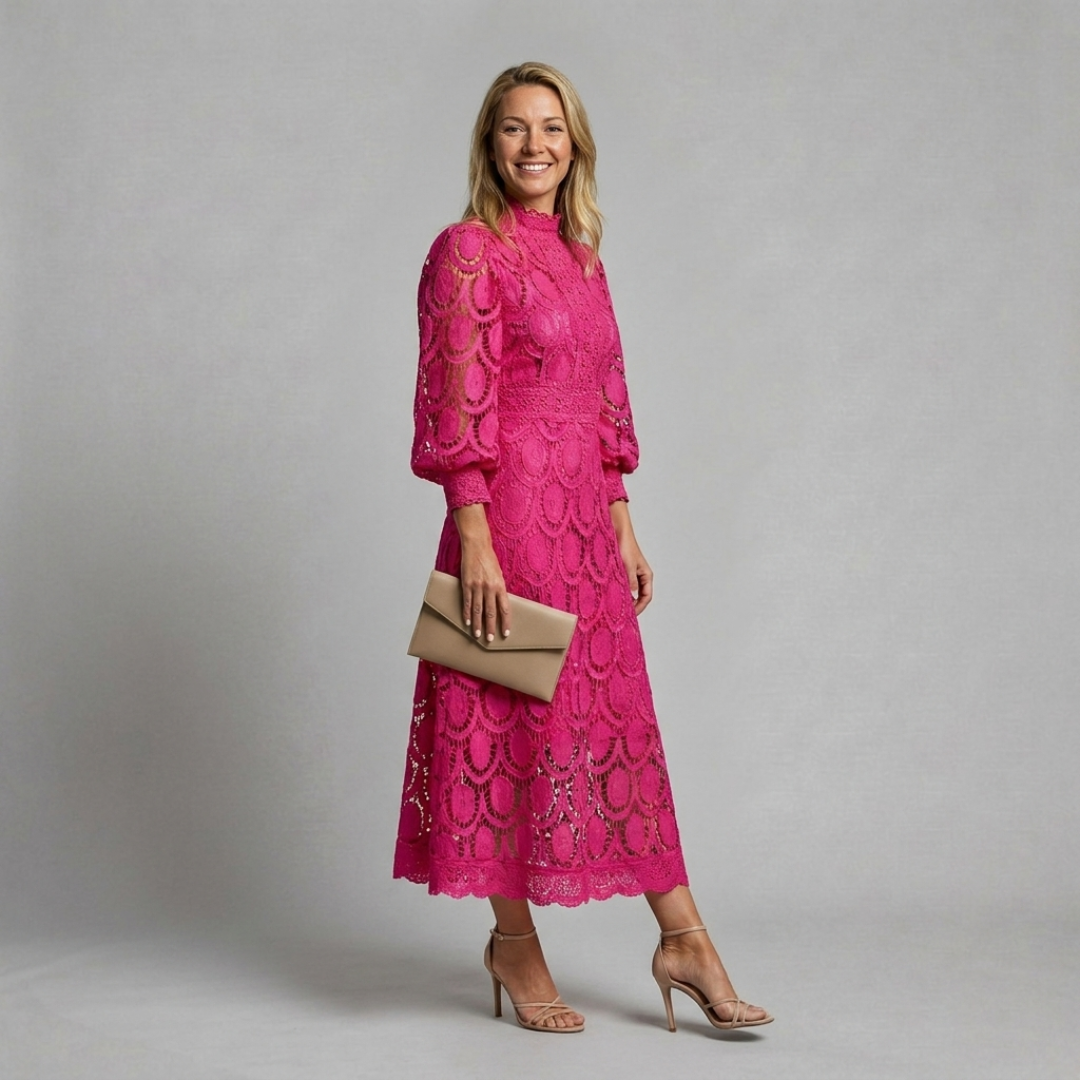 Midi Lace Dress with High Neckline