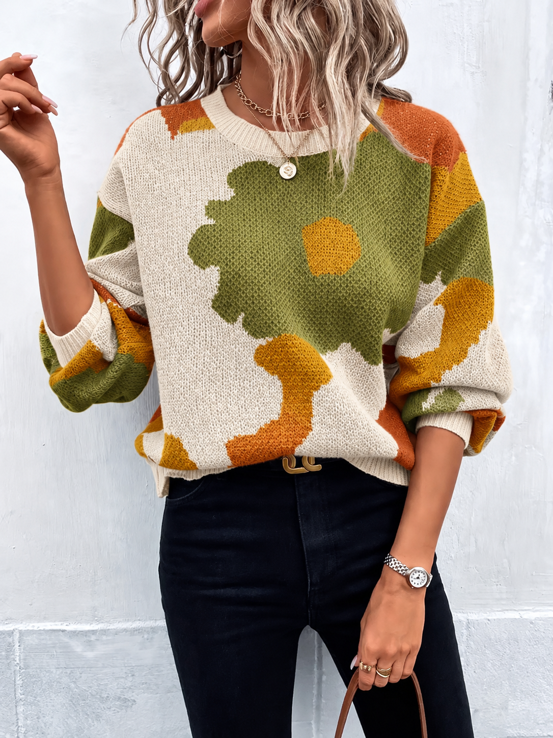Women's Abstract Floral Knit Sweater with Ribbed Cuffs and Hem