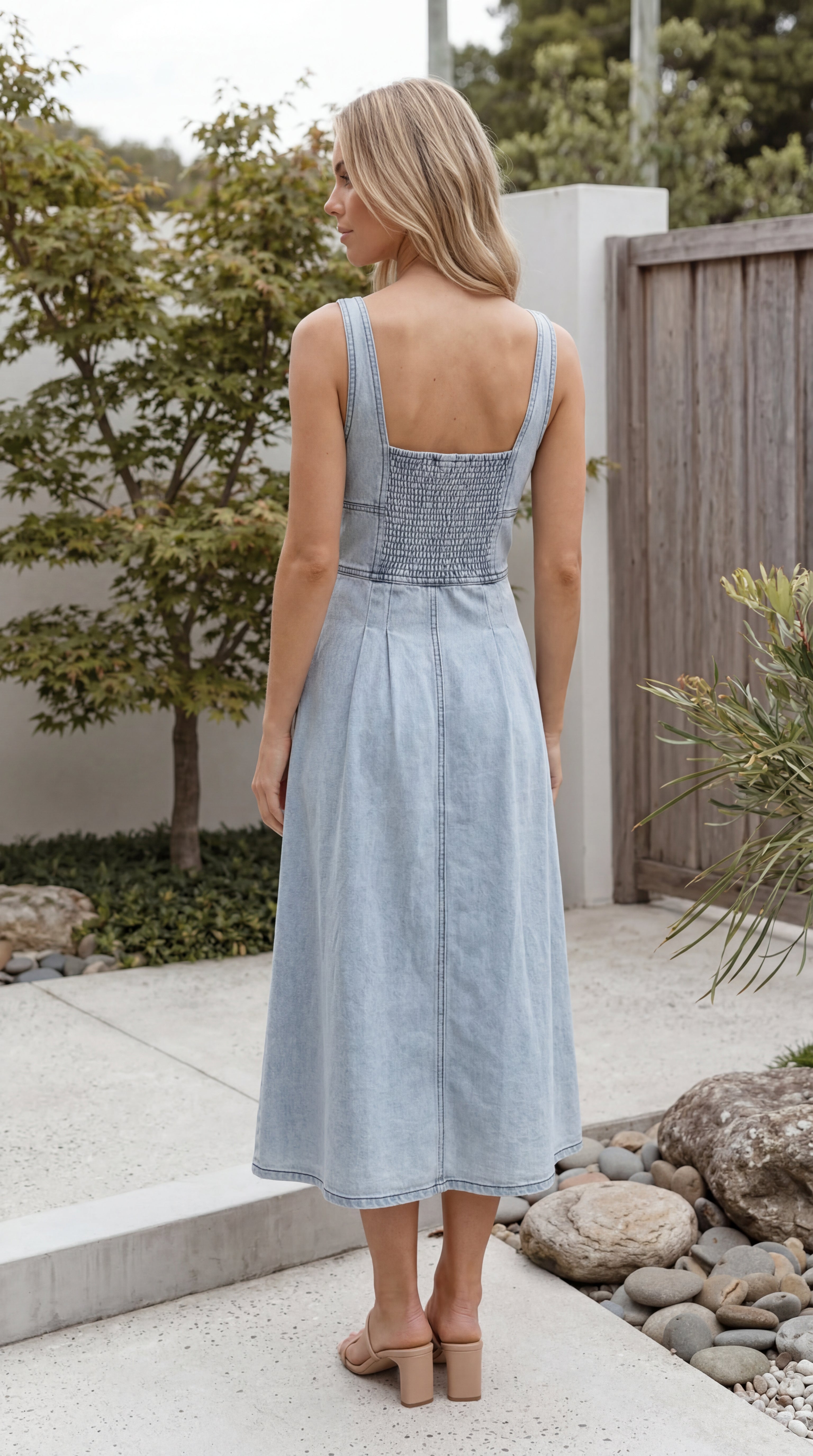 Button-Up Sleeveless Denim Midi Dress