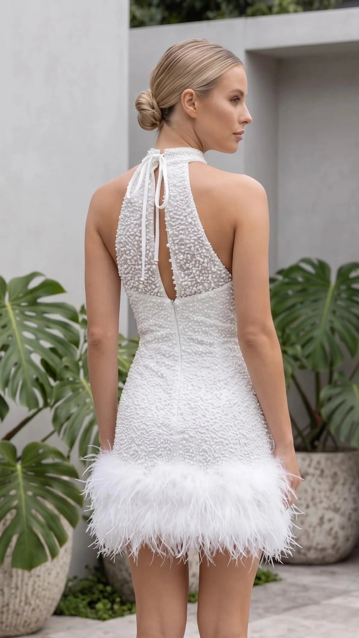 Feather-Trimmed Halter Mini Dress