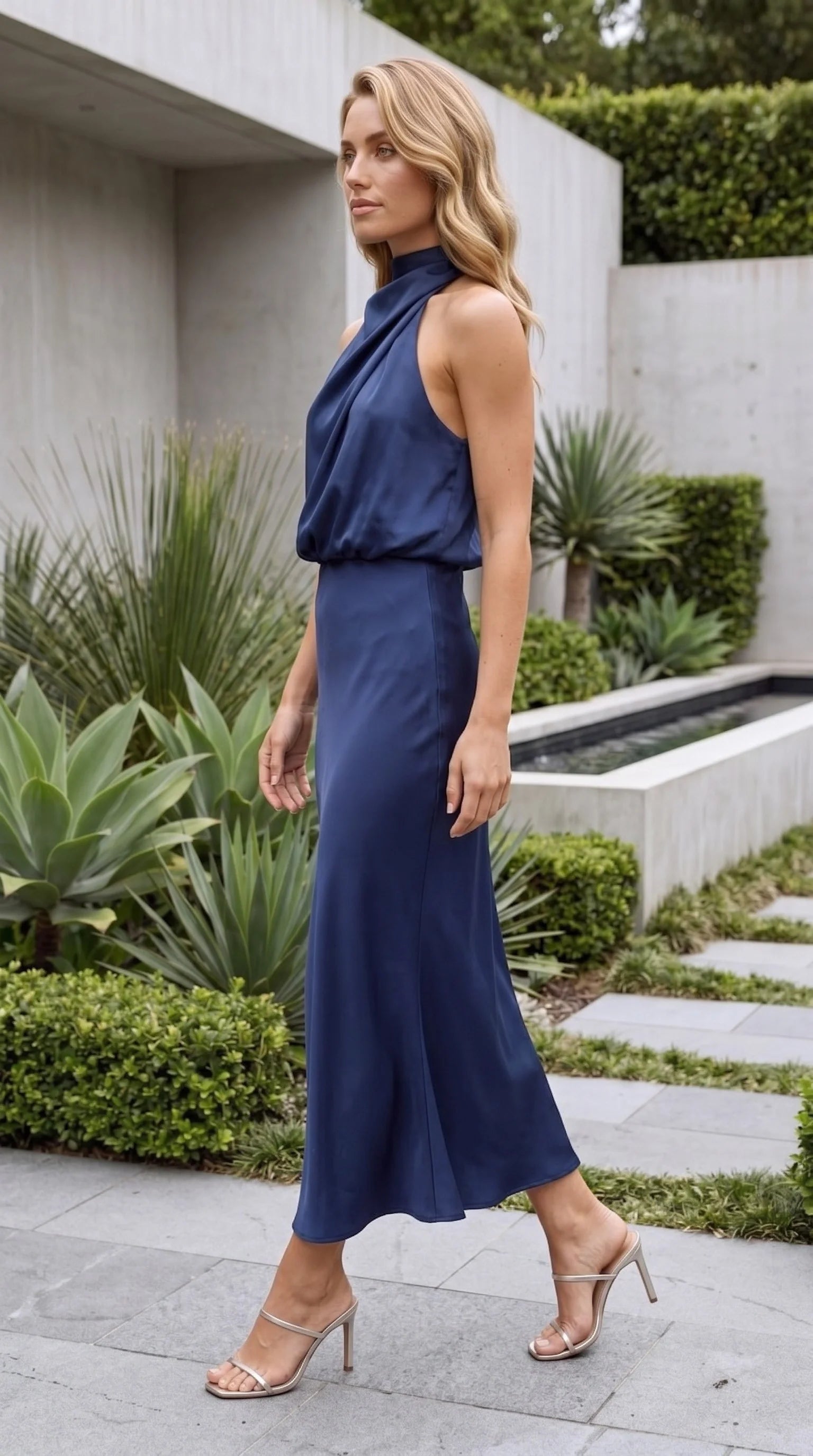 Bias-Cut Satin Halter Midi Dress