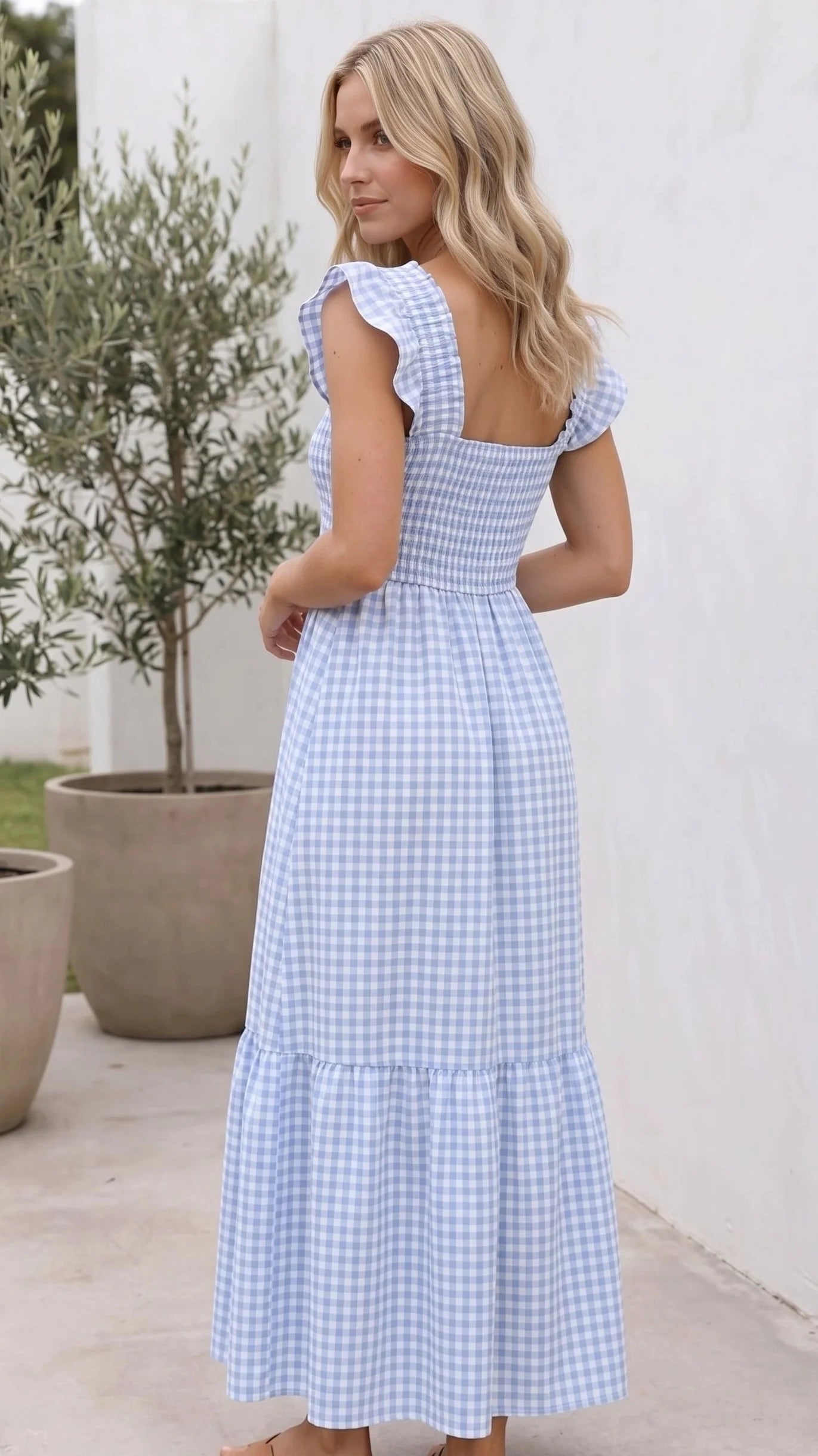 Ruffle Sleeve Gingham Maxi Dress
