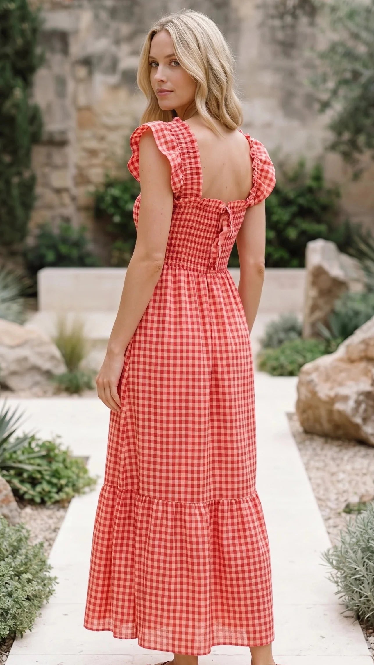 Ruffle Sleeve Gingham Maxi Dress