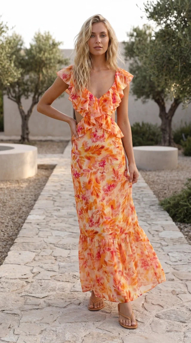 V-Neck Ruffled Floral Maxi Dress