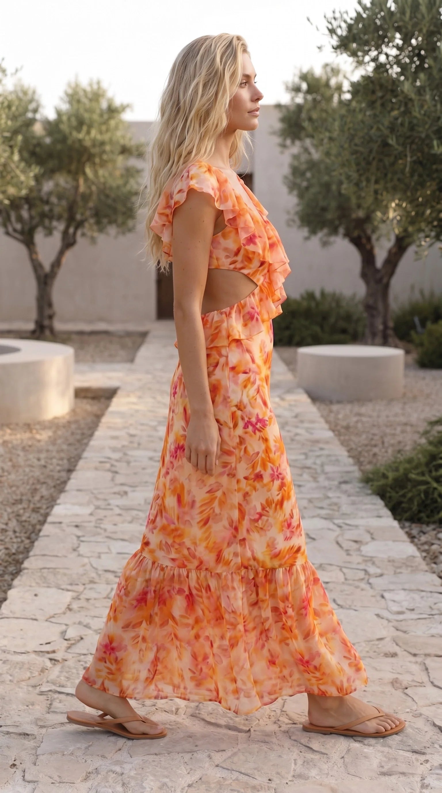 V-Neck Ruffled Floral Maxi Dress