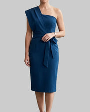 Belted One-Shoulder Midi Dress