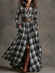 Belted Plaid Maxi Dress Wedding Guest Breathable