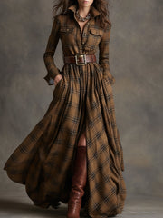 Belted Plaid Maxi Dress Wedding Guest Breathable