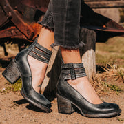 Block Heel Ankle Boots with Buckles Casual Style Black Leather