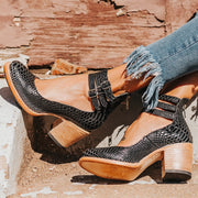 Block Heel Ankle Boots with Buckles Casual Style Black Leather
