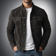 Classic Suede Buttoned Jacket Casual Formal Wear Leather Pockets