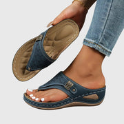 Handmade Floral Linen Wedge Thong Sandals Embroidered High Summer