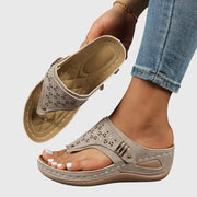 Handmade Floral Linen Wedge Thong Sandals Embroidered High Summer