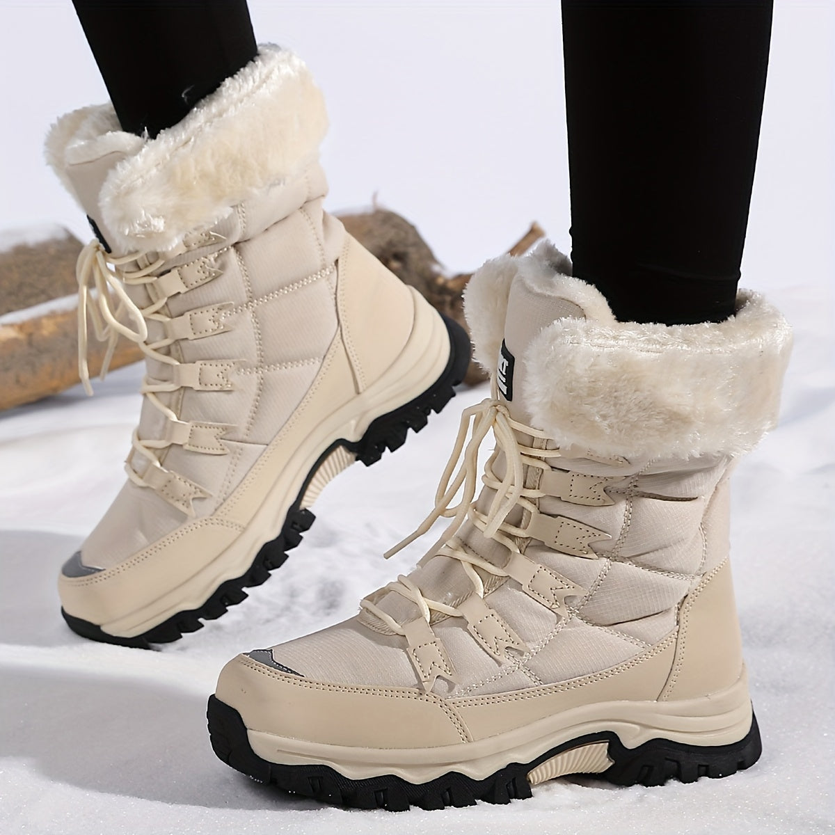 beige dames winterlaarzen met bontkraag en zwarte profielzool