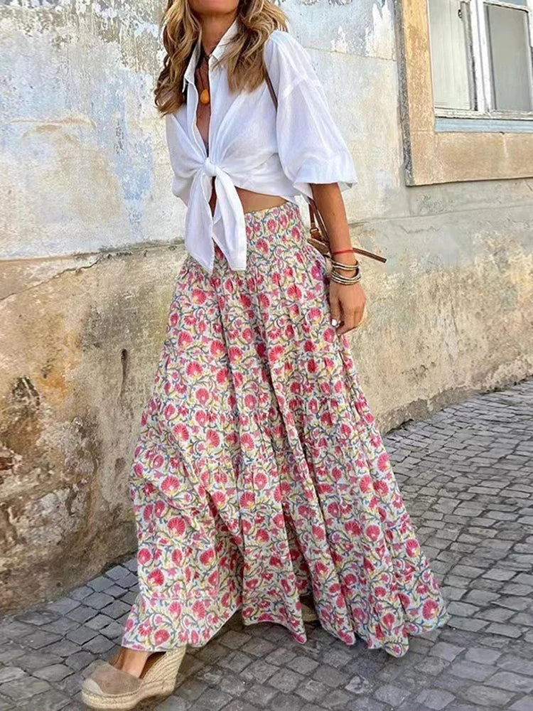 Floral A-line boho maxi skirt, full-length front view