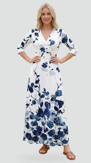 Floral Wrap Maxi Dress with Red Blossoms