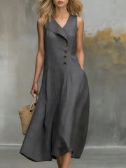 Women's Cocktail Flowy Button-Detail Midi Dress Style Wedding Guest Wear Sleeveless Pockets