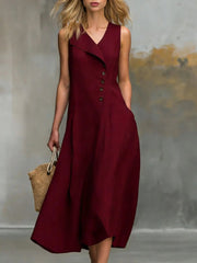 Women's Cocktail Flowy Button-Detail Midi Dress Style Wedding Guest Wear Sleeveless Pockets