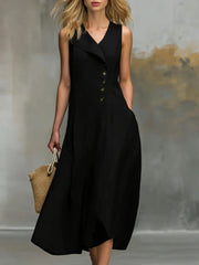 Women's Cocktail Flowy Button-Detail Midi Dress Style Wedding Guest Wear Sleeveless Pockets