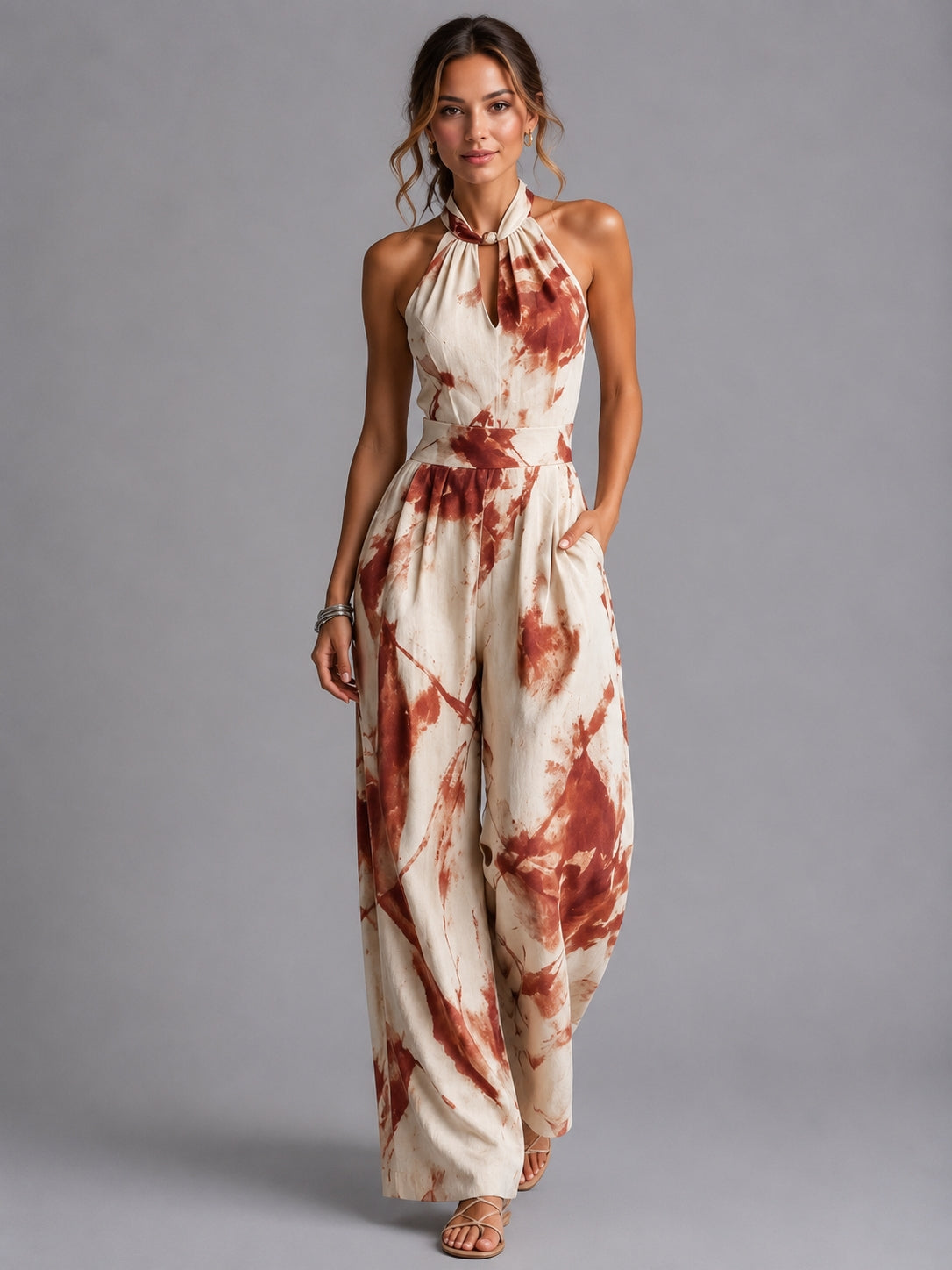 Printed wide-leg summer jumpsuit, print detail close-up