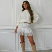 Women's Knit Skirt – Pleated Lace Trim for Casual Wear