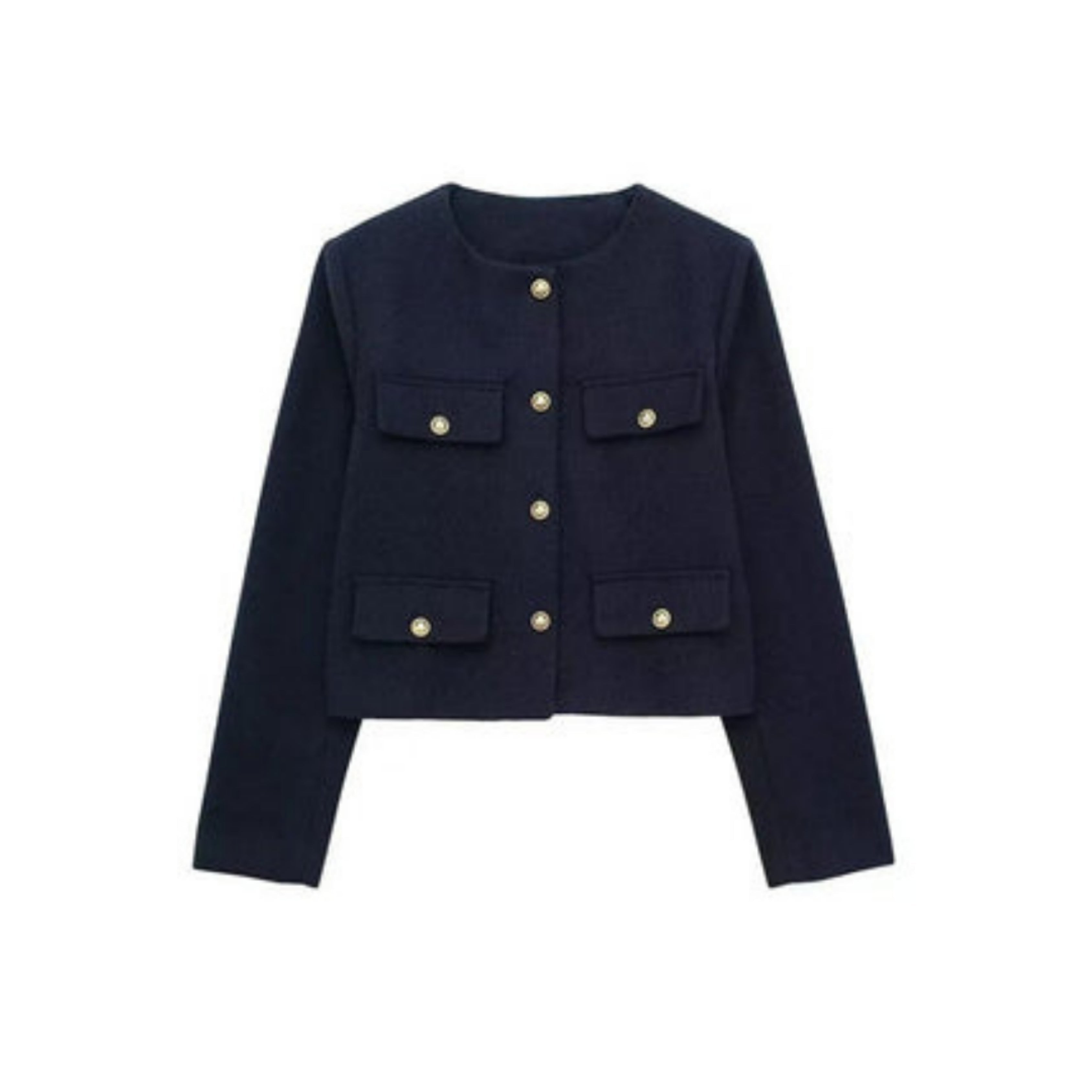 Veste courte Audriélle pour femme, boutons dorés distinctifs et coupe structurée adaptée aux tenues chic.