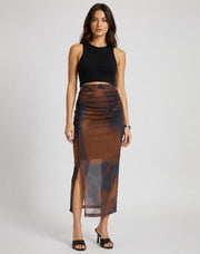 Ruched Tie-Dye Midi Skirt