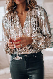 Sequin V-Neck Balloon Sleeve Blouse for Women's Stylish Wardrobe Essentials
