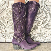 Studded Knee-High Western Boots Leather Casual Wear
