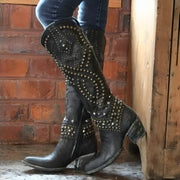 Studded Knee-High Western Boots Leather Casual Wear