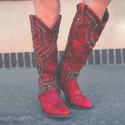Studded Knee-High Western Boots Leather Casual Wear