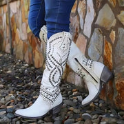Studded Knee-High Western Boots Leather Casual Wear