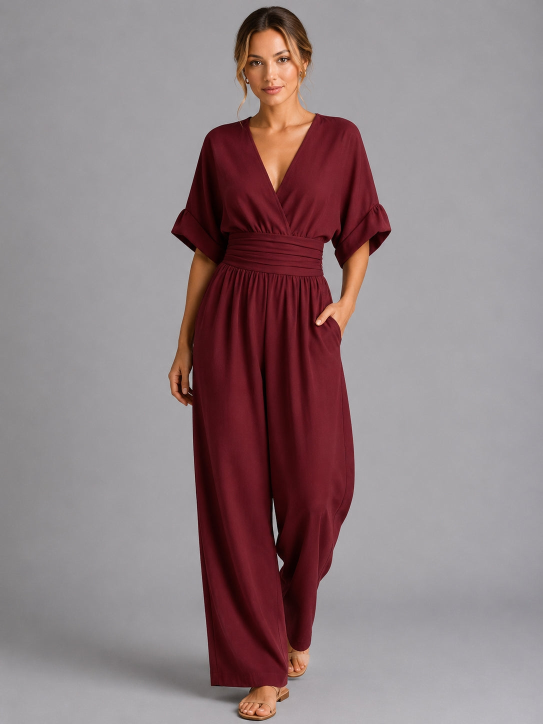 Cinched waist wide-leg jumpsuit, waist cinch detail close-up