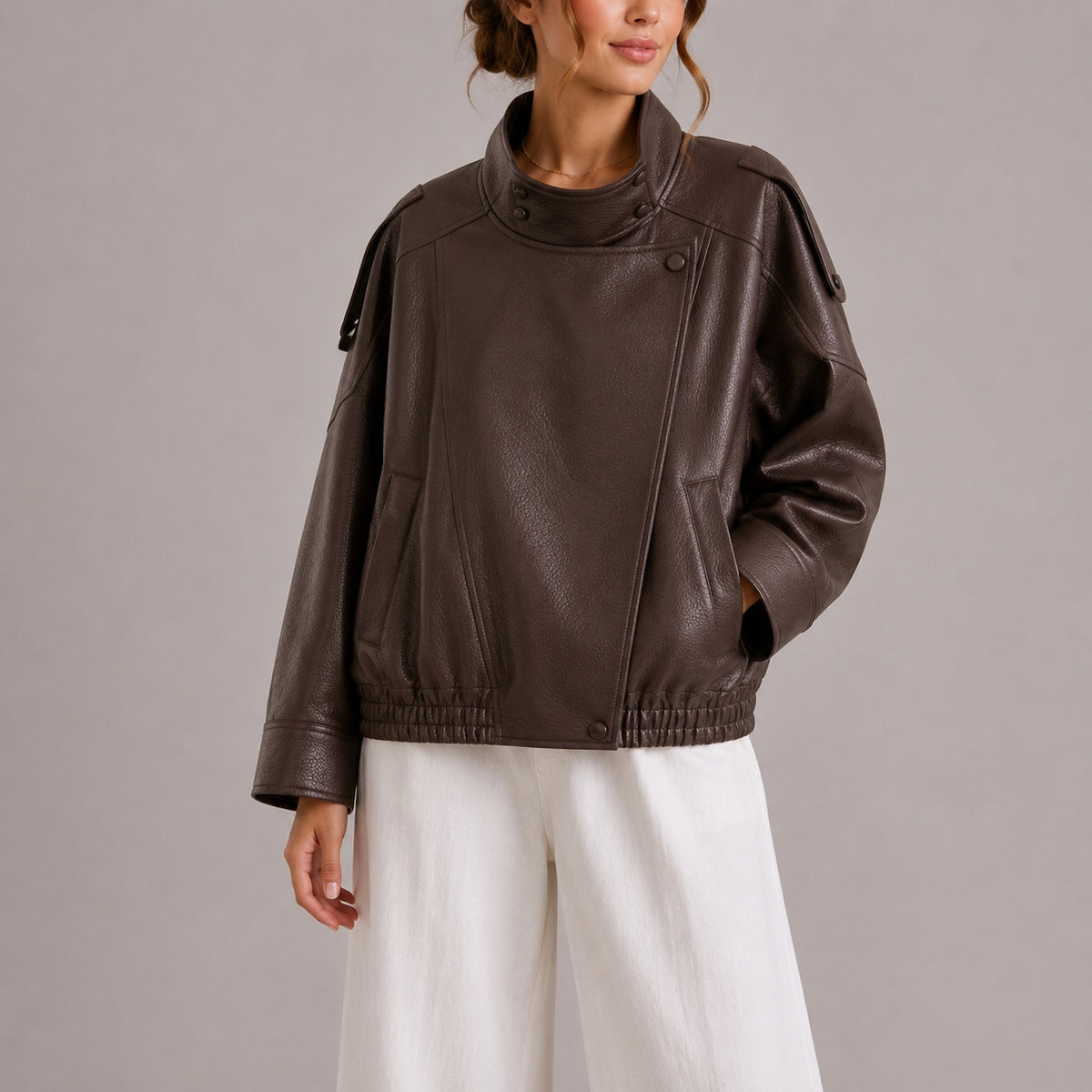 NOEMIE - HIGH COLLAR FAUX LEATHER BOMBER JACKET 1