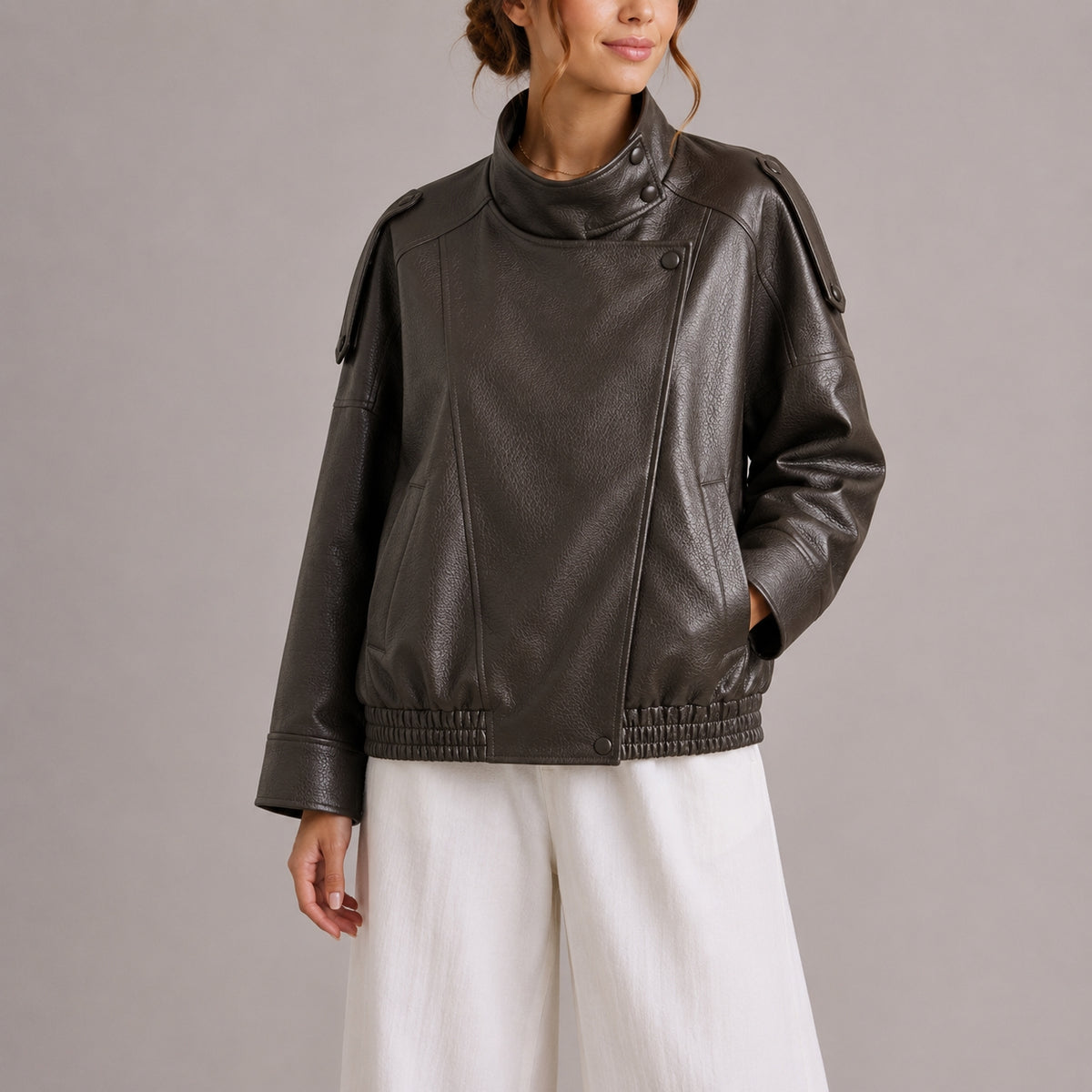 NOEMIE - HIGH COLLAR FAUX LEATHER BOMBER JACKET 2